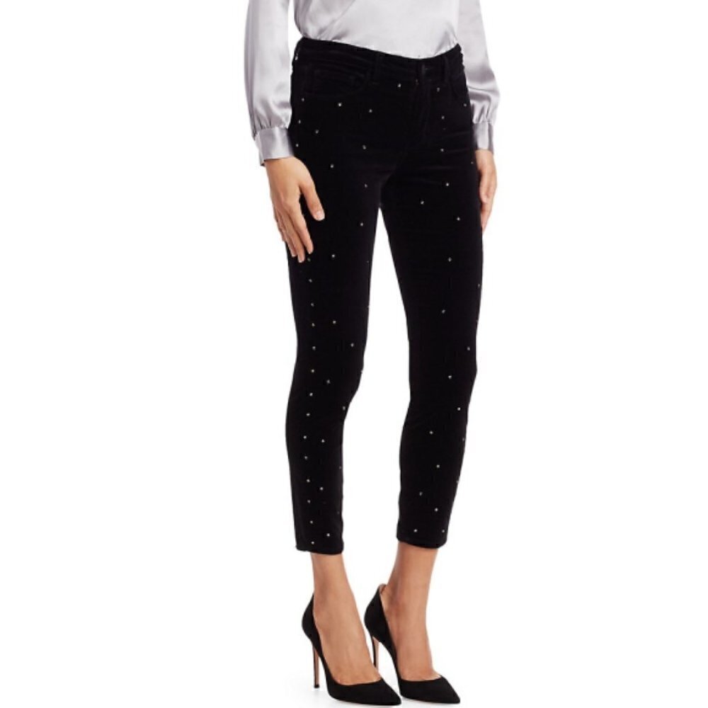 L'AGENCE Margot Ankle Skinny Velvet Crystal-Embellished Jeans, Noir Black